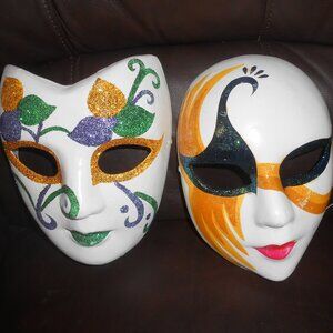 LOT 2 NEW PAPER MACHE GLITTER HALLOWEEN MARDI GRA MASKS FULL FACE ADULT